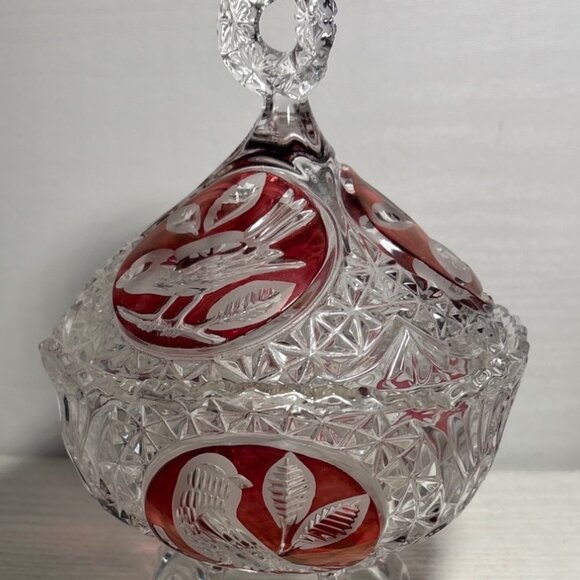 Hofbauer Byrdes Crystal Candy Dish With Lid Red Etched Bird Design 7" Tall - Picture 1 of 13